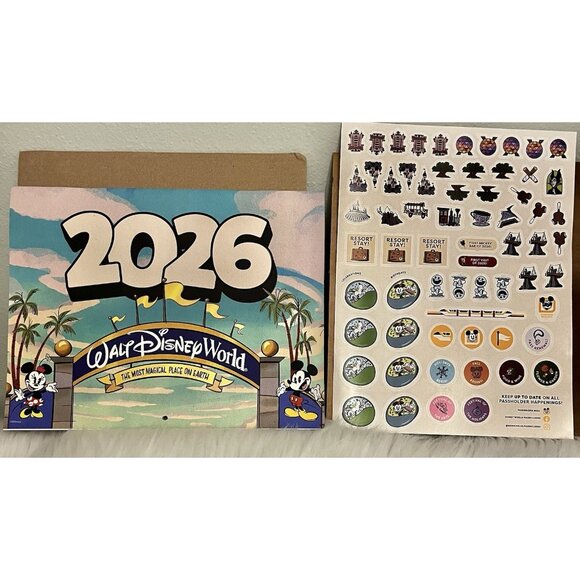 NEW 2026 Walt Disney World Annual Passholder Exclusive Wall Calendar & Stickers - Picture 1 of 9